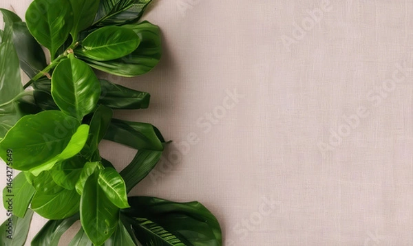 Obraz Lush green leaves arranged on textured beige background create serene atmosphere
