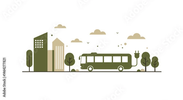 Fototapeta Electric bus on a city street with buildings and trees for sustainable transport and urban development concept