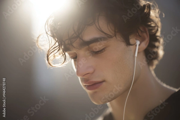 Obraz closeup of indie musicians face immersed in sunny morning music in their ears