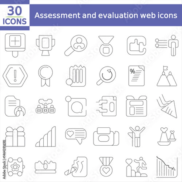 Fototapeta   Assessment and evaluation web icons set in thin line design. Pack of auditor, presentation, report, results, target, satisfaction,