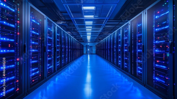 Obraz 近未来的なデータセンターのサーバールーム内部


