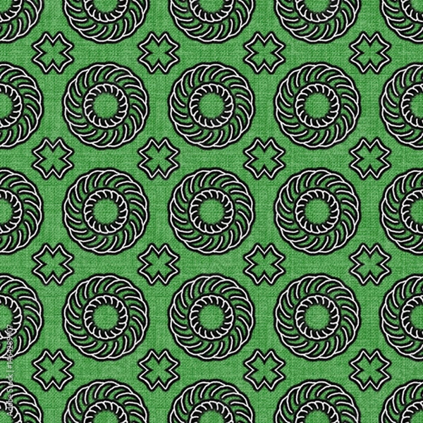 Fototapeta Seamless Green Fabric Pattern with Circular Floral and Star Motifs – Embroidered Textile Design