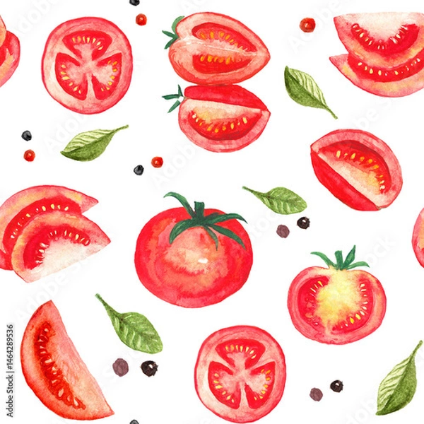 Fototapeta Watercolor seamless pattern with tomatoes and leaves..