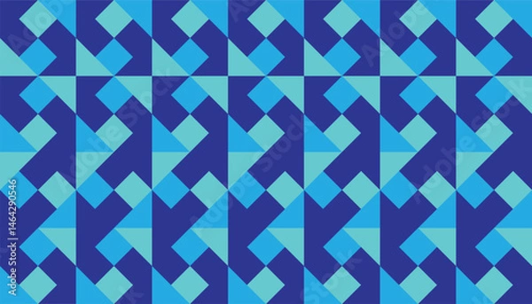 Fototapeta Seamless retro geometric pattern in dark blue, sky blue and light blue in a composition of zigzag triangles and diamonds