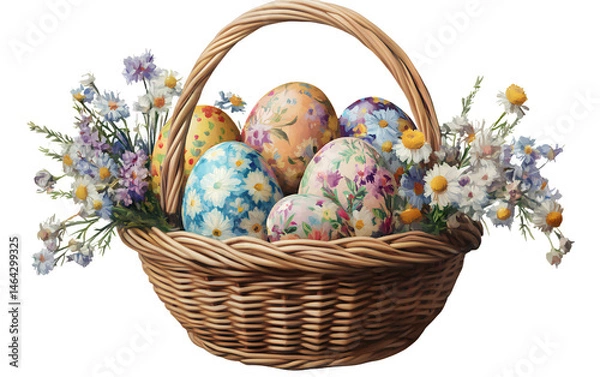Fototapeta A basket with colorful Easter eggs decorated with flowers, on a transparent background.png