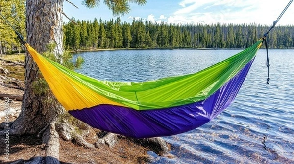 Fototapeta Vibrant Hammock by Calm Lake Under Sunny Sky