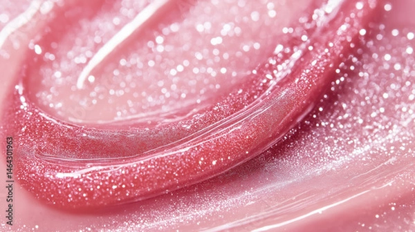 Fototapeta Shiny pink lip gloss with fine sparkles suspended in translucent liquid