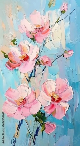 Fototapeta An oil painting of pink and peach flowers with impasto on a light blue background.