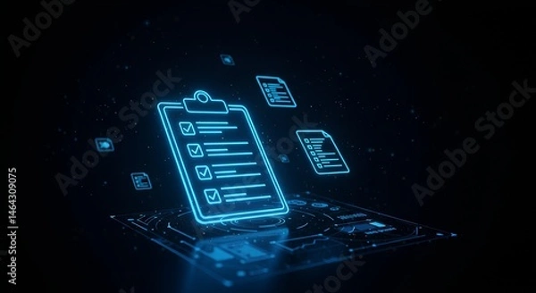 Fototapeta Digital checklist concept with neon blue glowing icons representing task completion and progress