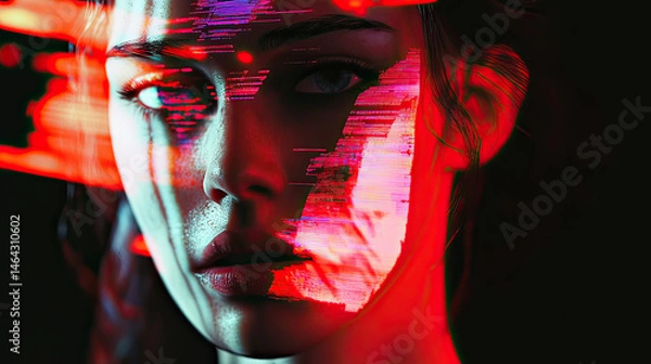 Fototapeta Woman face close up. Red and blue lights flicker across skin AI generative