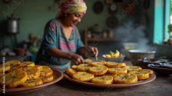 Obraz Traditional cooking scene with fried plantain slices joy