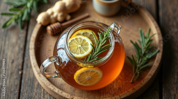 Obraz Top view of a freshly brewed herbal tea with lemon and rosemary