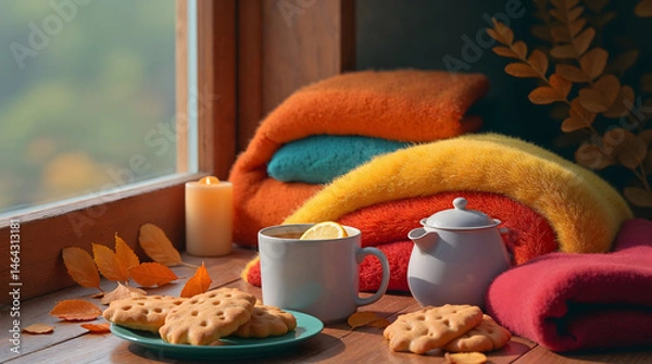 Obraz Cozy autumn still life with blanket, tea, and cookies