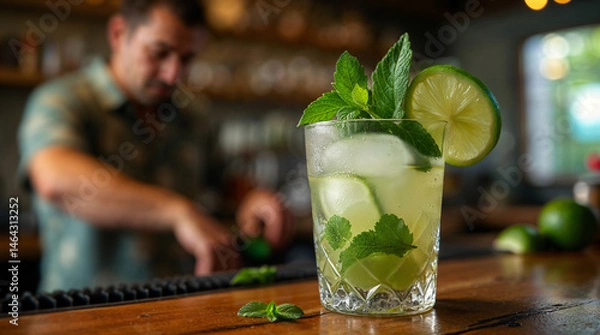 Obraz Refreshing mojito cocktail with mint and lime on a wooden bar