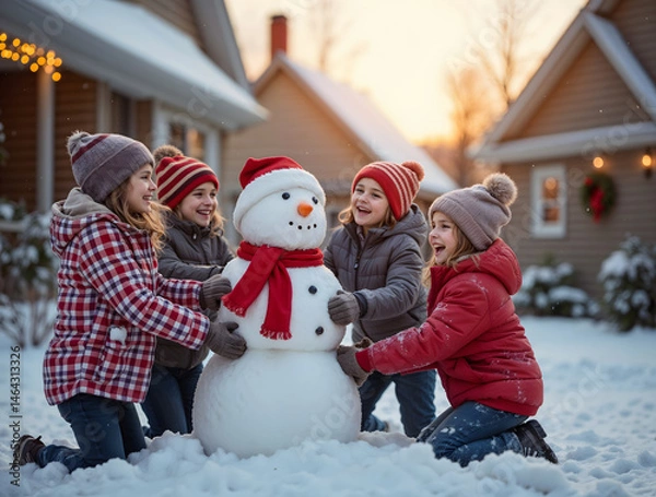 Obraz Children Building Snowman in Festive Winter Scene with Joyful Smiles