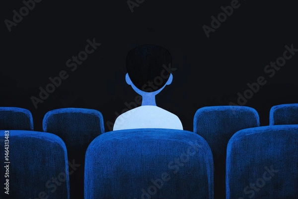 Obraz Solitary Figure in Blue Theater Seats in Dark Atmosphere