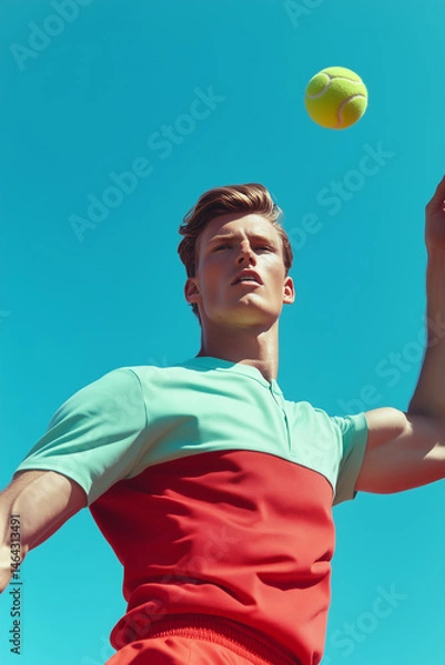 Obraz Tennis player focused on tossing ball under clear blue sky