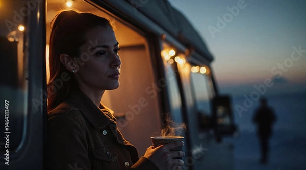 Obraz Tranquil Camper Evening, Relaxing with Warm Drink at Sunset