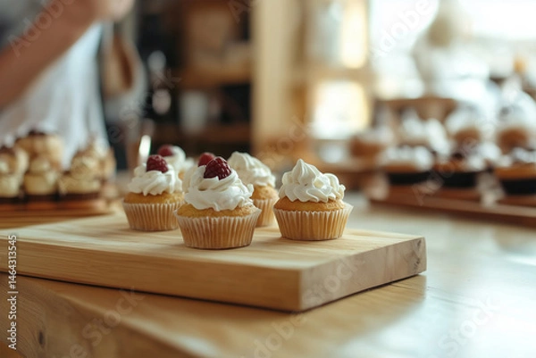 Obraz Delicious cupcakes with cream frosting on wooden board in bakery