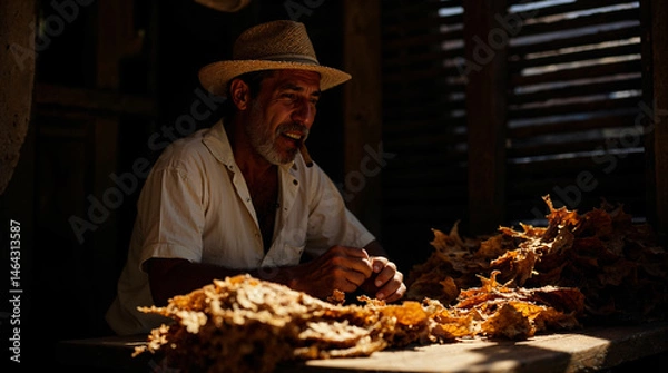 Obraz A cuban cigar roller with Hat Working in Dimly Lit Tobacco Shed
