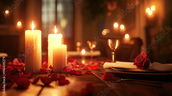 Fototapeta Romantic dinner setup. Candles burning brightly on table AI generative