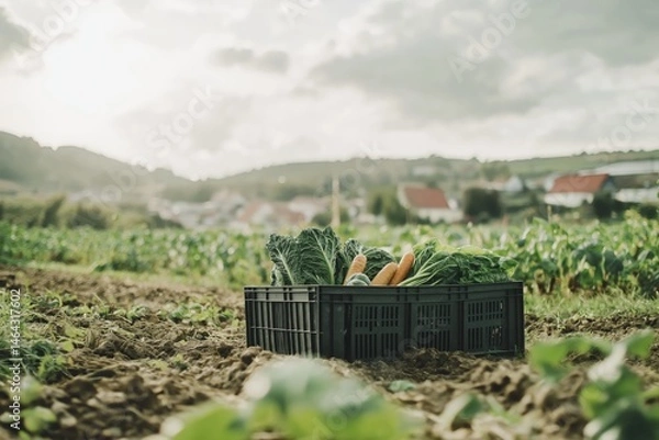 Obraz Fresh vegetables in black crate on farm field under cloudy sky