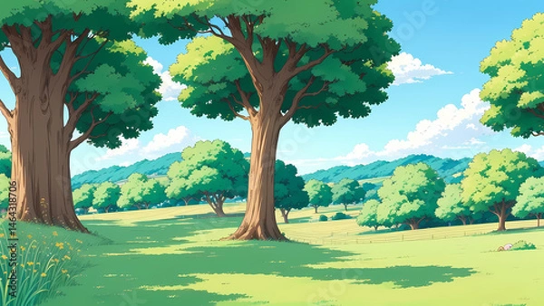 Fototapeta Bright landscape illustration: Lush green trees, rolling hills, and a grassy field bathed in sunlight. Blue sky with fluffy white clouds creates a serene daytime scene. Perfect for nature themes.