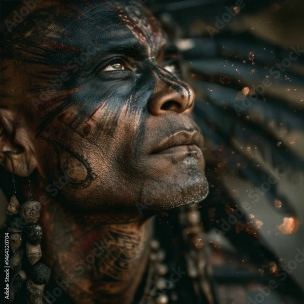 Obraz A man with a face painted in black and red with a feather headdress