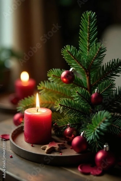 Fototapeta Small conifer with burning candle, simple Christmas arrangement, ample copy space , macro, winter, xmas