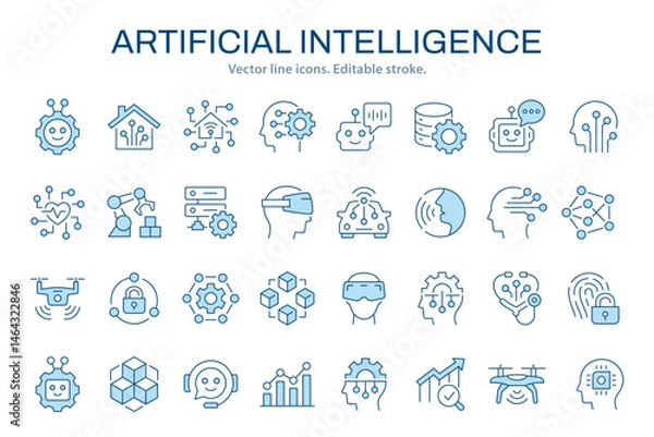Obraz Artificial intelligence icon set. Vector graphics collection with machine learning, digital brain, ai and more. Two-color icons easily adapt to your design.