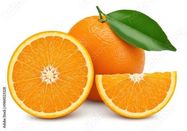 Obraz Fresh oranges: whole, half, and slice on a white background with a green leaf