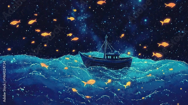 Fototapeta Boat sails on water under starry sky. Gold fish swim AI generative