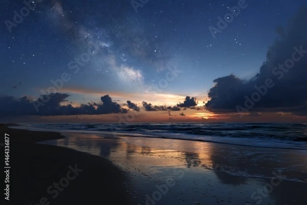 Obraz Milky Way Over Ocean Waves at Sunset with Starry Night Sky