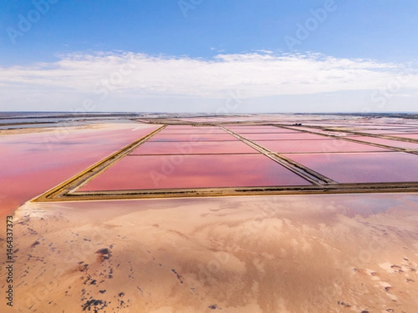 Fototapeta Aigues-Mortes, Camargue, France,  the largest mediterranean salt marshes in beautiful pink and red colors, for production of table salt  