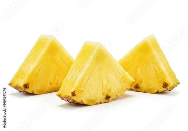 Fototapeta Three pineapple wedges with yellow flesh sit on a white surface in a studio shot