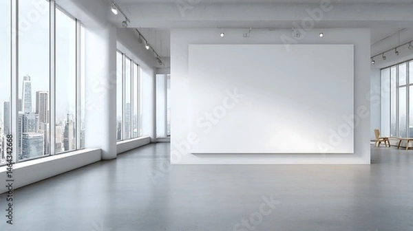 Obraz Bright art gallery interior with large windows overlooking city and blank canvas on the wall space