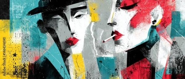 Obraz Abstract painting of a stylish man and woman with cigarette in a noir style, showcasing modern art and retro fashion