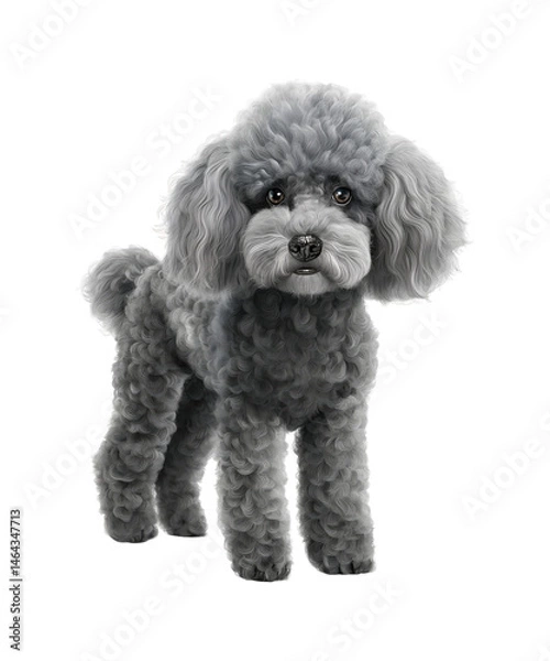 Fototapeta A cute, young, white poodle puppy sits isolated against a white background in a studio portrait