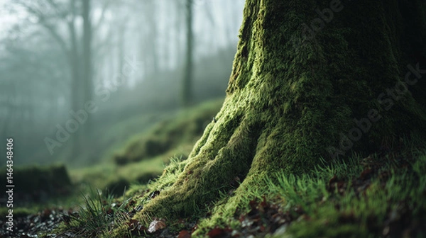 Fototapeta The ancient tree's moss-covered roots firmly grasp the fertile ground, a testament to nature's endurance, with soft mist hanging in the background, conveying a sense of serenity and mystery.