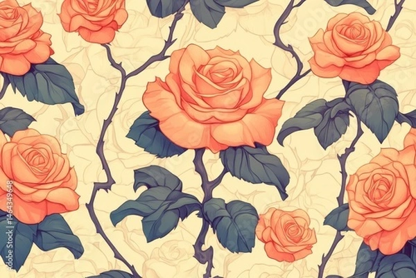 Fototapeta Floral pattern with roses and leaves for textile and wallpaper design, scrapbook, and decorative projects
