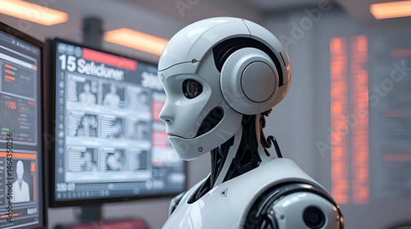 Obraz A white humanoid robot in a cybersecurity setting. The robot is sharply focused, surrounded by digital interfaces, Generative Ai