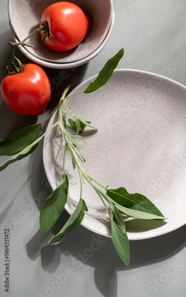Fototapeta Flat lay of gray monochrome plates with tomatoes and sage. Culinary concept with space for text
