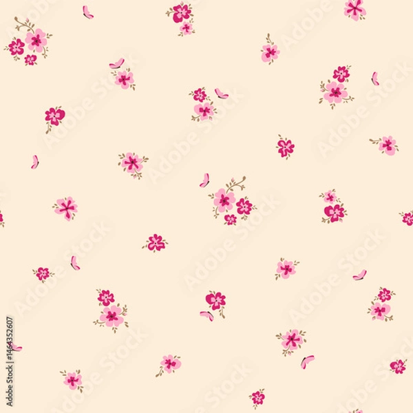 Obraz Vector illustration. Delicate seamless pattern of pink flowers on a beige background. Delicate floral pattern, field of flowers, print for fabric, textile, wallpaper, baby clothes