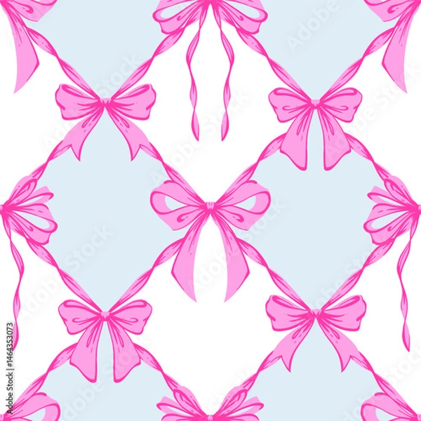 Fototapeta Pink Ribbon Bow Lattice Seamless Pattern. Coquette, Vintage and Romantic checkered pattern on blue with bows. Rococo background for feminine projects, vintage wrapping paper, textiles, Valentines Day