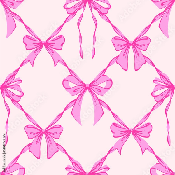 Fototapeta Pink Ribbon Bow Lattice Seamless Pattern. Coquette, Vintage and Romantic checkered pattern with bows. Rococo background for feminine projects, vintage wrapping paper, textiles, and Valentines Day