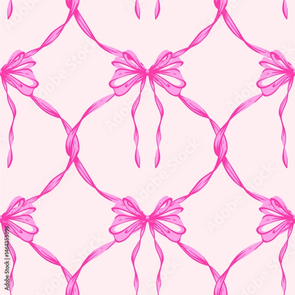 Fototapeta Pink Ribbon Bow Garland Seamless Pattern. Coquette, Vintage and feminine design with hand-drawn garland of pink bows. Rococo aesthetics for romantic background. Fabric prints, gift wrap