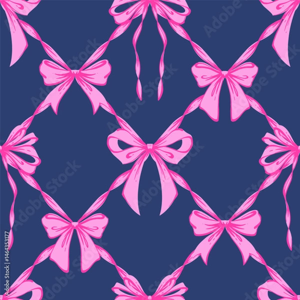 Fototapeta Pink Ribbon Bow Lattice Seamless Pattern on purple. Coquette, Vintage and Romantic checkered pattern on dark blue with bows. Rococo background for feminine projects, vintage wrap, Valentines Day