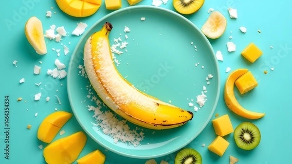 Fototapeta Banana and tropical fruit slices with coconut flakes on a light blue plate