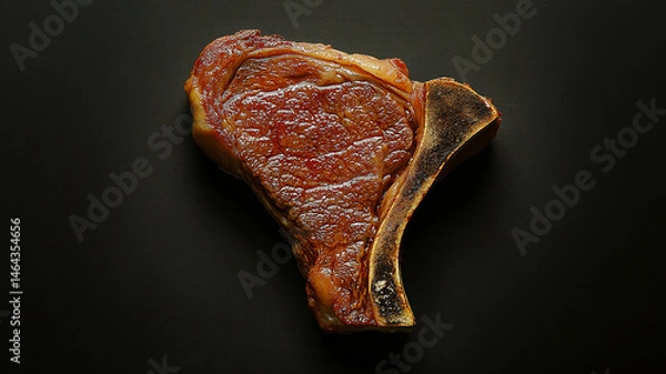 Obraz Flat lay of premium grilled t bone steak on dark background suitable for food advertising