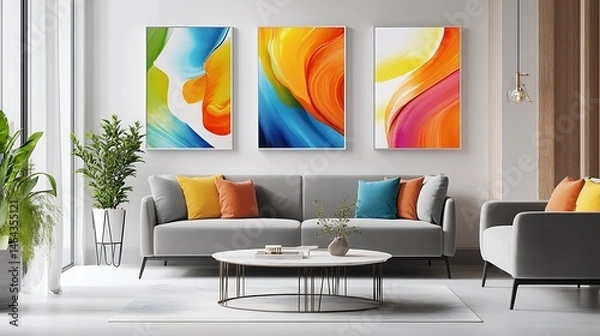 Obraz Three vibrant abstract paintings in a modern living room.